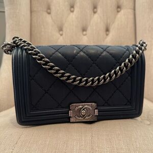 Chanel Boy Bag Old Medium Navy lambskin Flap Bag